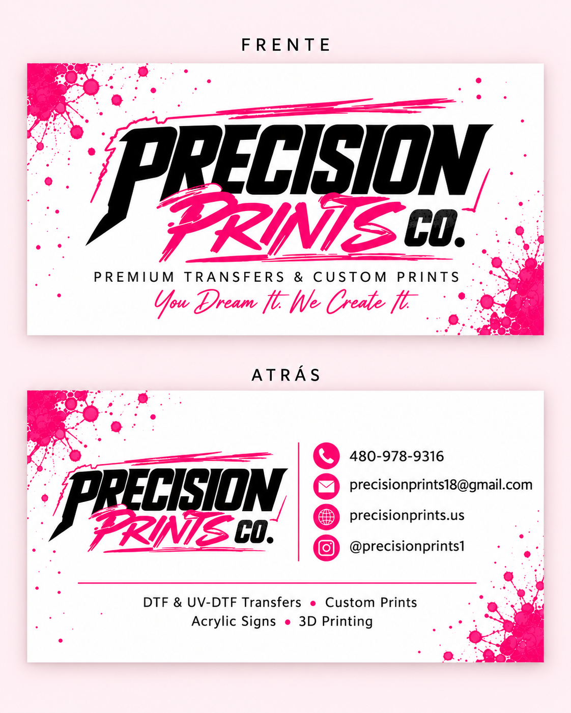 Precision Prints Co business cards front and back with matching proportions