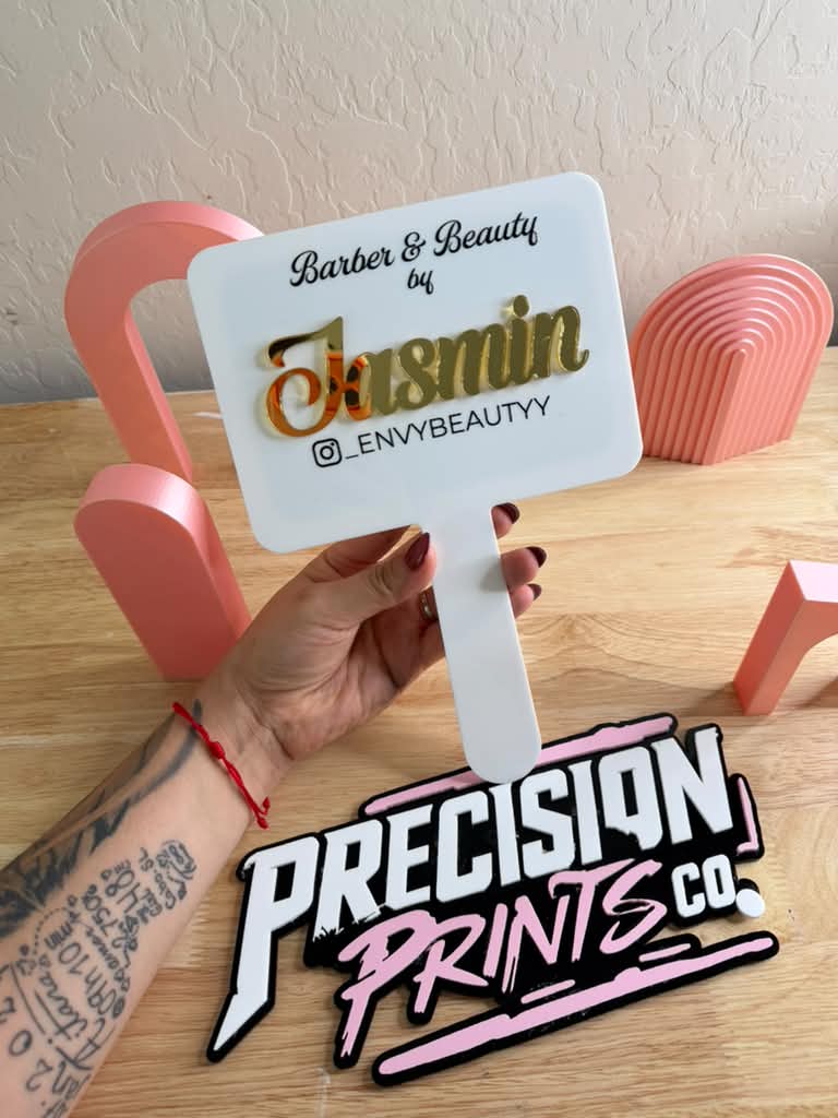 Custom acrylic handheld mirror — personalized back example