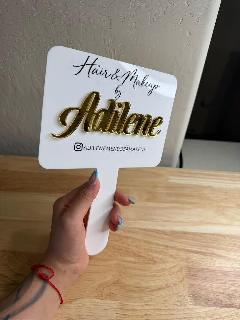 Custom acrylic handheld mirror — personalized back example