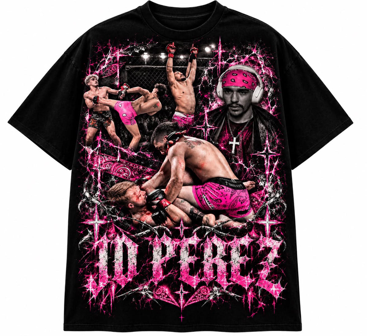 D Perez fight tee — black oversized shirt, front view