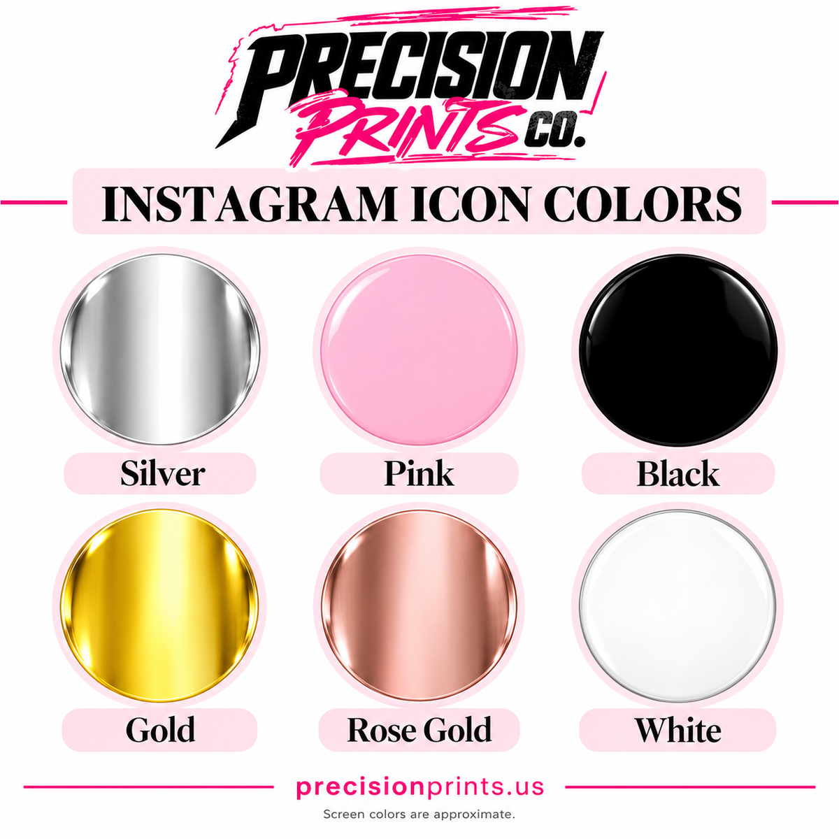 Instagram icon colors: Silver, Pink, Black, Gold, Rose Gold, White