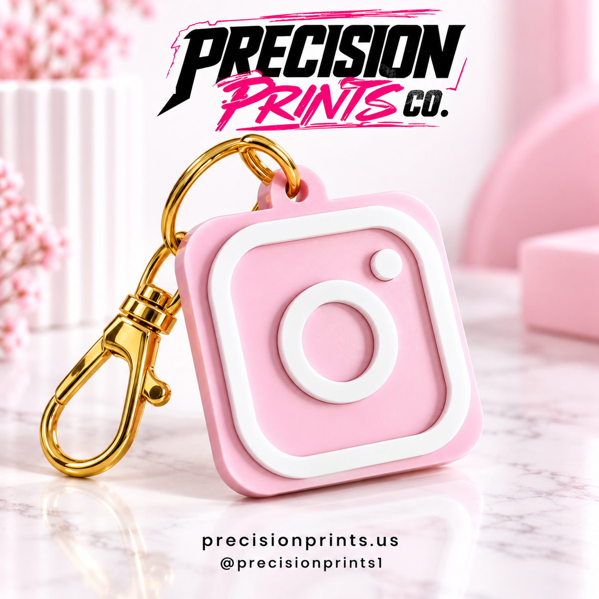 Pink acrylic Instagram NFC keychain with white raised icon