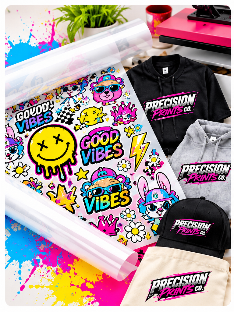 Precision Prints Co. high resolution DTF gang sheet and apparel