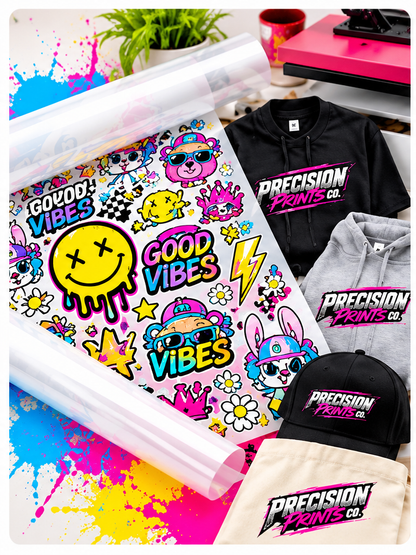 Precision Prints Co. high resolution DTF gang sheet and apparel