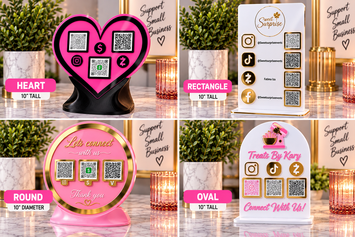 Custom Acrylic QR Stand shapes - Heart, Rectangle, Round and Oval